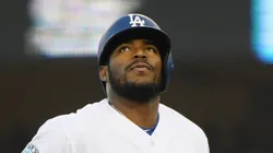 Yasiel Puig during his time with the Los Angeles Dodgers reacts after hitting a fly ball out to center field in the second inning of Game Four of the 2018 World Series against the Boston Red Sox at Dodger Stadium on October 27, 2018 in Los Angeles, California.
