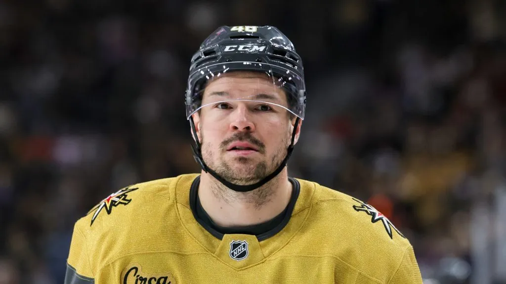 Tomas Hertl #48 of the Vegas Golden Knights takes a break during a stop in play in the first period of a game against the Toronto Maple Leafs in the first period of their game at T-Mobile Arena on March 05, 2025 in Las Vegas, Nevada.