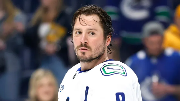 J.T. Miller #9 of the Vancouver Canucks looks on prior to the game against the Nashville Predators at Bridgestone Arena on January 29, 2025 in Nashville, Tennessee.