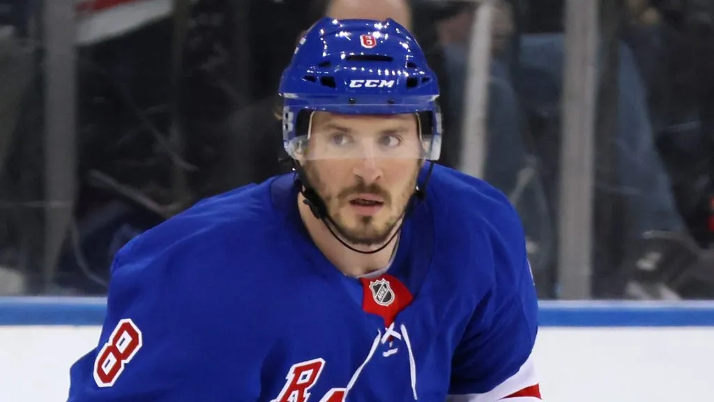 J.T. Miller #8 of the New York Rangers skates against the Vegas Golden Knights during the first period at Madison Square Garden on February 02, 2025 in New York City.