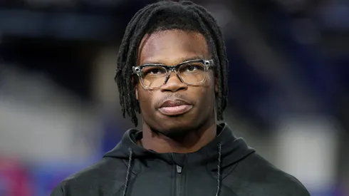 Travis Hunter DB15 of Colorado looks on during the NFL Scouting Combine at Lucas Oil Stadium on February 28, 2025 in Indianapolis, Indiana.