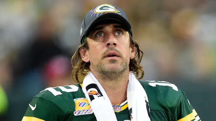 Aaron Rodgers looks on from the sideline dthird quarter against the Pittsburgh Steelers at Lambeau Field on October 03, 2021 in Green Bay, Wisconsin.