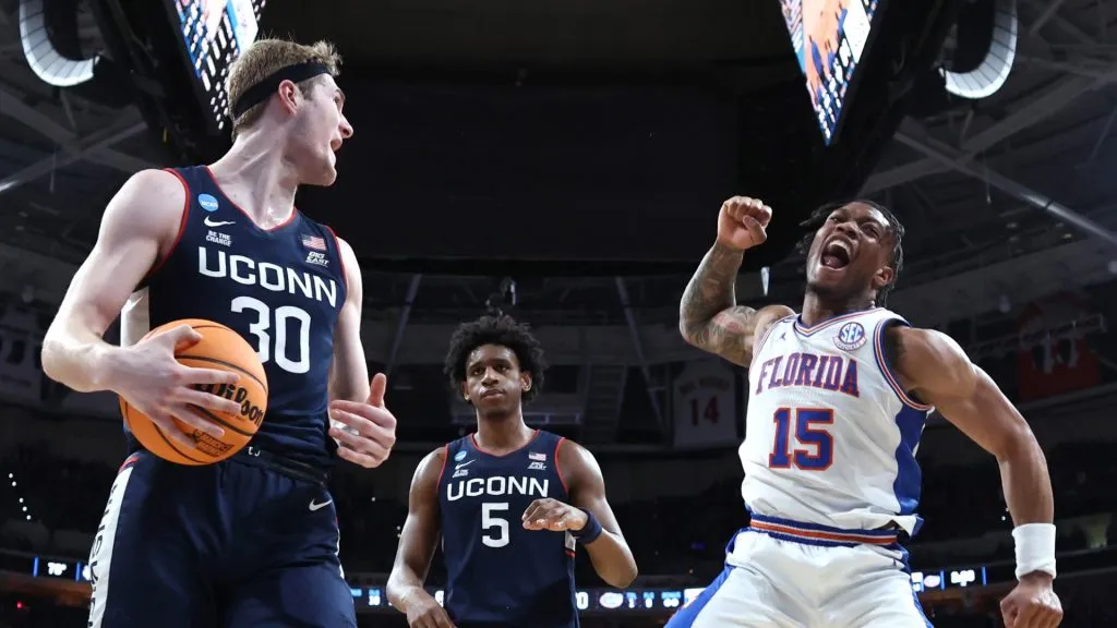Alijah Martin #15 of the Florida Gators reacts following a dunk during the second half in the second round of the NCAA Men’s Basketball Tournament against the Connecticut Huskies at Lenovo Center on March 23, 2025 in Raleigh, North Carolina.
