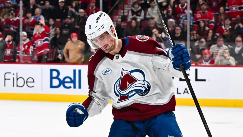 Brock Nelson #11 of the Colorado Avalanche celebrates the game winning goal during the shootout against the Montreal Canadiens at the Bell Centre on March 22, 2025 in Montreal, Quebec, Canada. The Colorado Avalanche defeated the Montreal Canadiens 5-4 in a shootout.