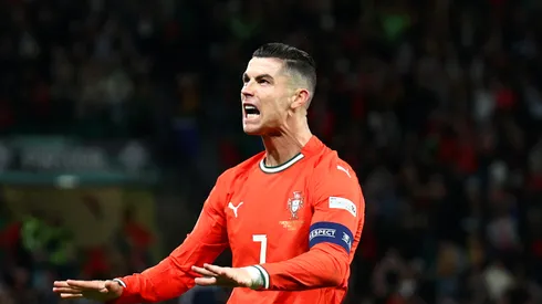 Cristiano Ronaldo of Portugal celebrates scoring his team's second goal with teammate Geovany Quenda during the UEFA Nations League Quarterfinal Leg Two match between Portugal and Denmark