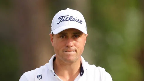 Justin Thomas of the United States reacts to his putt on the 18th green during the final round of the Valspar Championship 2025 at Innisbrook Resort and Golf Club on March 23, 2025 in Palm Harbor, Florida.