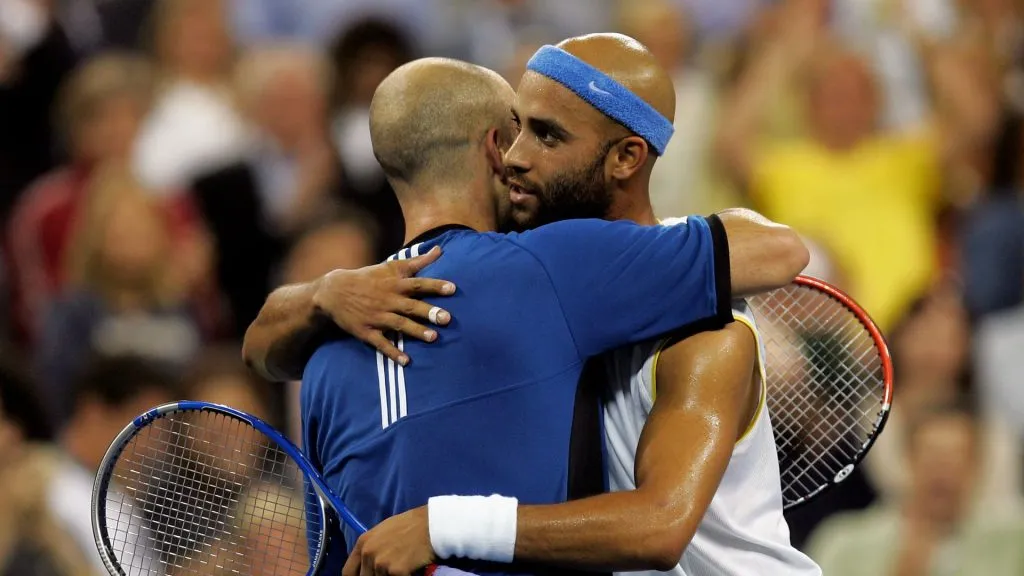 Blake and Agassi during the 2005 US Open (Matthew Stockman/Getty Images)