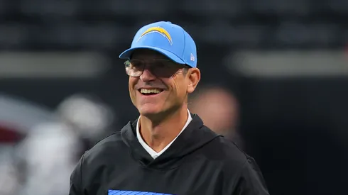 Head coach Jim Harbaugh of the Los Angeles Chargers looks on before the game against the Atlanta Falcons at Mercedes-Benz Stadium on December 01, 2024 in Atlanta, Georgia.