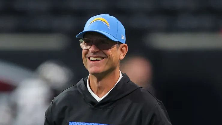 Head coach Jim Harbaugh of the Los Angeles Chargers looks on before the game against the Atlanta Falcons at Mercedes-Benz Stadium on December 01, 2024 in Atlanta, Georgia.