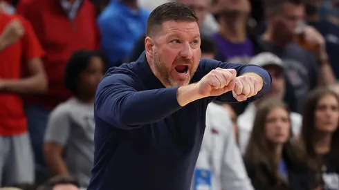 Head coach Chris Beard of the Ole Miss Rebels reacts during the second half against the North Carolina Tar Heels in the first round of the NCAA Men's Basketball Tournament at Fiserv Forum on March 21, 2025 in Milwaukee, Wisconsin.