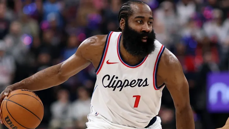 James Harden #1 of the Los Angeles Clippers dribbles the ball as Isaiah Joe #11 of the Oklahoma City Thunder during the first half at Intuit Dome on March 23, 2025 in Inglewood, California.