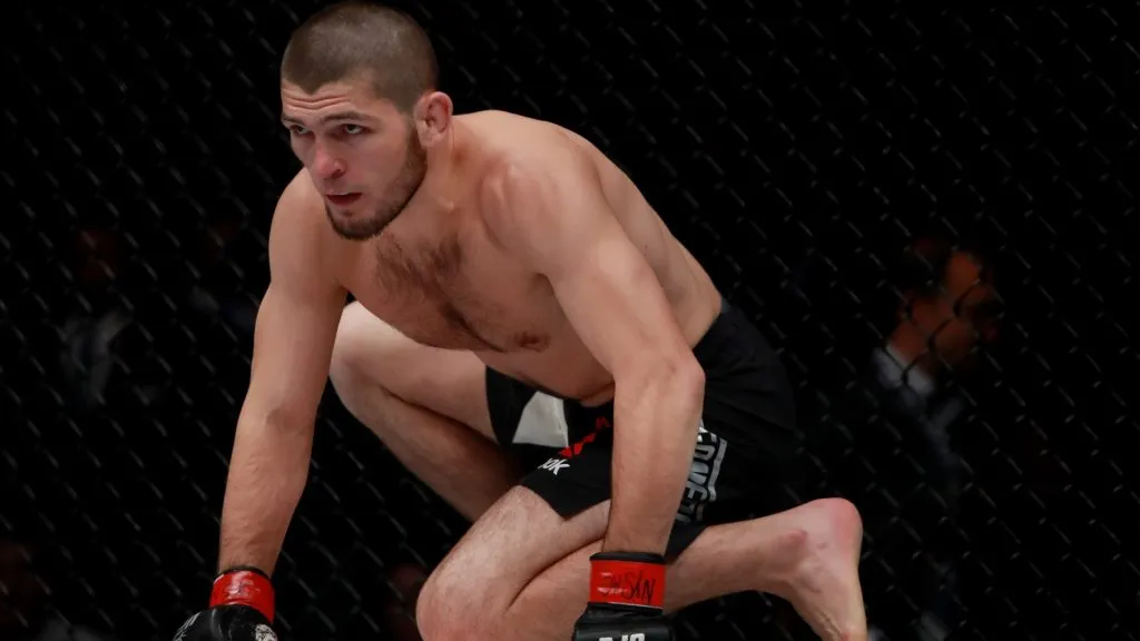 Khabib Nurmagomedov of Russia reacts against Michael Johnson of the United States in their lightweight bout during the UFC 205 event at Madison Square Garden on November 12, 2016. (Source: Michael Reaves/Getty Images)