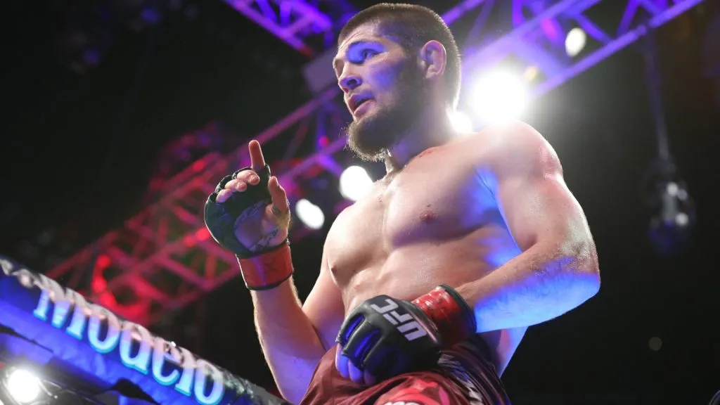 Khabib Nurmagomedov celebrates his win over Al Iaquinta to capture the UFC lightweight championship at UFC 223 at Barclays Center on April 7, 2018. (Source: Ed Mulholland/Getty Images)