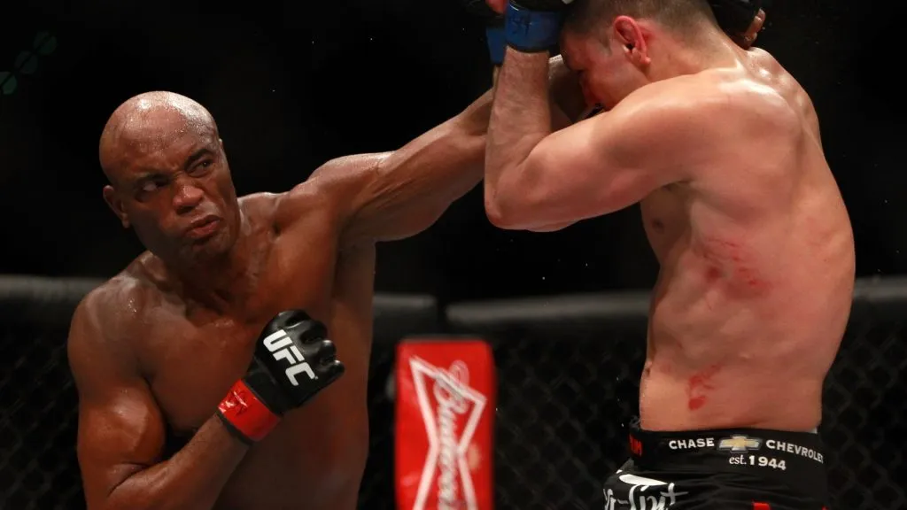 Anderson Silva punches at Nick Diaz in their middleweight bout during UFC 183 at the MGM Grand Garden Arena on January 31, 2015. (Source: Steve Marcus/Getty Images)