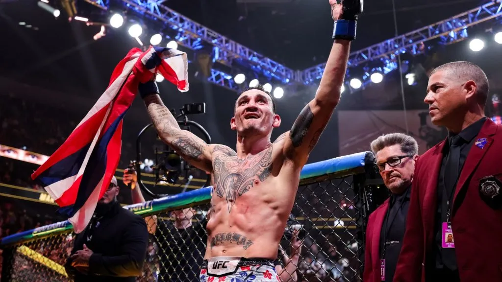 Max Holloway reacts to defeating Justin Gaethje in their BMF title fight at T-Mobile Arena on April 13, 2024. (Source:Carmen Mandato/Getty Images)