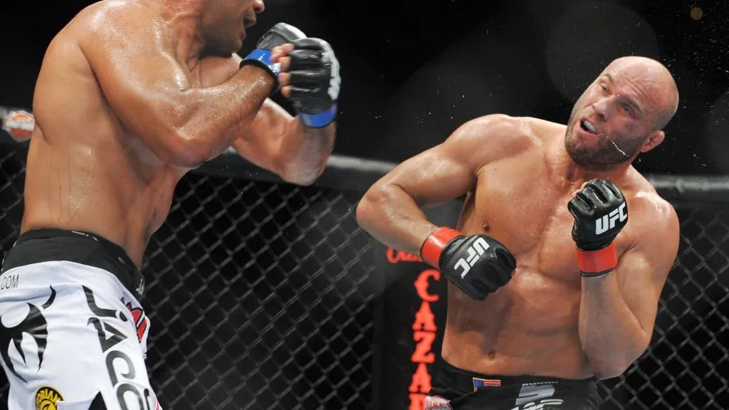 UFC fighter Antonio Nogueira (L) battles UFC fighter Randy Couture (R) during their Heavyweight bout at UFC 102: Couture vs. Nogueira at the Rose Garden Arena on August 29, 2009. (Source: Jon Kopaloff/Getty Images)