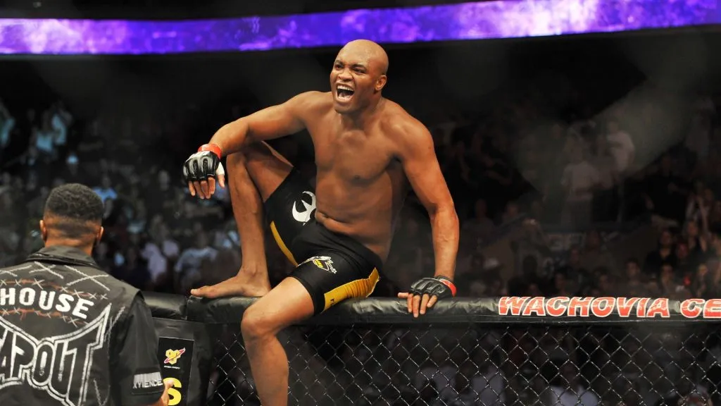 Anderson Silva celebrates after defeating Forrest Griffin during their light heavyweight bout at UFC 101: Declaration at the Wachovia Center on August 8, 2009. (Source: Jon Kopaloff/Getty Images)