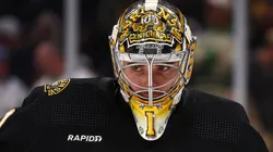 Jeremy Swayman #1 of the Boston Bruins looks on during the second period of Game Five of the First Round of the 2024 Stanley Cup Playoffs against the Toronto Maple Leafs at TD Garden on April 30, 2024 in Boston, Massachusetts.