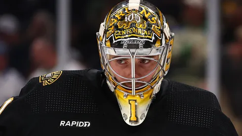 Jeremy Swayman #1 of the Boston Bruins looks on during the second period of Game Five of the First Round of the 2024 Stanley Cup Playoffs against the Toronto Maple Leafs at TD Garden on April 30, 2024 in Boston, Massachusetts.