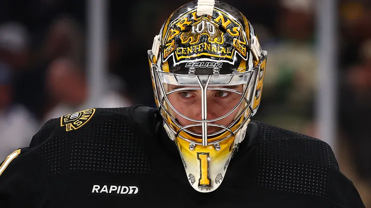 Jeremy Swayman #1 of the Boston Bruins looks on during the second period of Game Five of the First Round of the 2024 Stanley Cup Playoffs against the Toronto Maple Leafs at TD Garden on April 30, 2024 in Boston, Massachusetts.