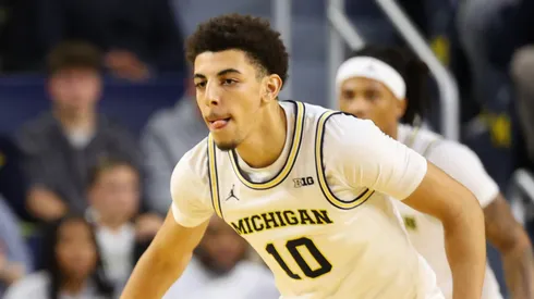Justin Pippen #10 of the Michigan Wolverines plays against the TCU Horned Frogs at Crisler Arena on November 15, 2024 in Ann Arbor, Michigan.