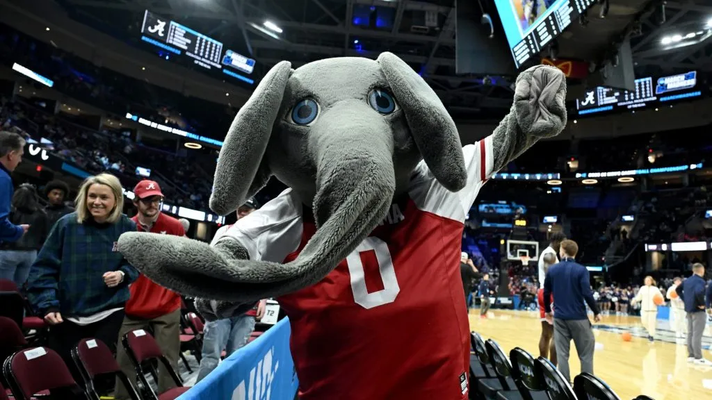 The Alabama Crimson Tide mascot poses prior to the first round of the NCAA Men’s Basketball Tournament at Rocket Mortgage Fieldhouse on March 21, 2025. (Source: Nick Cammett/Getty Images)