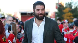 Patrick Maroon #77 of the Chicago Blackhawks arrives to the red carpet prior to the Chicago Blackhawks home opener against the San Jose Sharks at the United Center on October 17, 2024 in Chicago, Illinois.