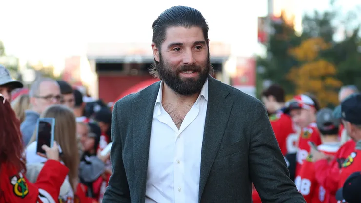 Patrick Maroon #77 of the Chicago Blackhawks arrives to the red carpet prior to the Chicago Blackhawks home opener against the San Jose Sharks at the United Center on October 17, 2024 in Chicago, Illinois.