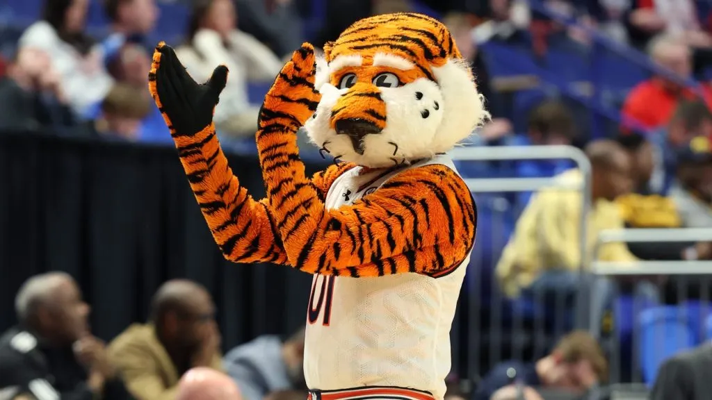 Aubie the Tiger, the Auburn Tigers mascot, reacts during the second half against the Alabama State Hornets in the first round of the NCAA Men’s Basketball Tournament in 2025. (Source: Andy Lyons/Getty Images)