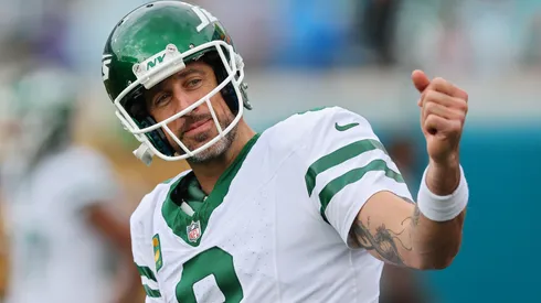 Aaron Rodgers #8 of the New York Jets looks on during warmups before the game against the Jacksonville Jaguars at EverBank Stadium on December 15, 2024.