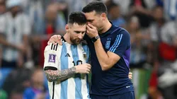 Lionel Scaloni, Head Coach of Argentina, celebrates with Lionel Messi after the win in the penalty shootout during the FIFA World Cup Qatar 2022 quarter final match between Netherlands and Argentina at Lusail Stadium on December 09, 2022 in Lusail City, Qatar.