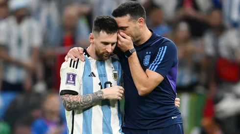 Lionel Scaloni, Head Coach of Argentina, celebrates with Lionel Messi after the win in the penalty shootout during the FIFA World Cup Qatar 2022 quarter final match between Netherlands and Argentina at Lusail Stadium on December 09, 2022 in Lusail City, Qatar.