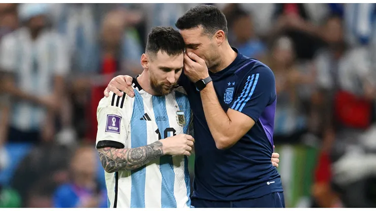 Lionel Scaloni, Head Coach of Argentina, celebrates with Lionel Messi after the win in the penalty shootout during the FIFA World Cup Qatar 2022 quarter final match between Netherlands and Argentina at Lusail Stadium on December 09, 2022 in Lusail City, Qatar.