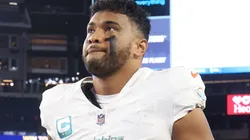 Tua Tagovailoa #1 of the Miami Dolphins looks on after defeating the New England Patriots 24-17 at Gillette Stadium on September 17, 2023 in Foxborough, Massachusetts.