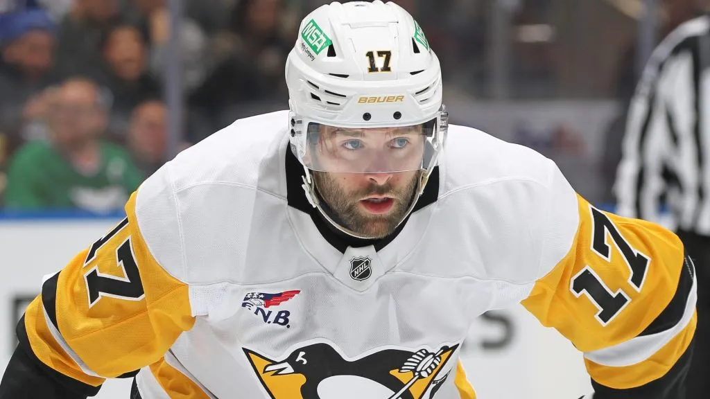 Bryan Rust #17 of the Pittsburgh Penguins waits for play to resume against the Toronto Maple Leafs during the 3rd period in an NHL game at Scotiabank Arena in Toronto, Ontario, Canada on October 12, 2024.
