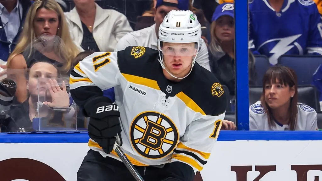 Casey Mittelstadt #11 of the Boston Bruins looks for a pass against the Tampa Bay Lightning during the first period at the Amalie Arena on March 8, 2025 in Tampa, Florida.