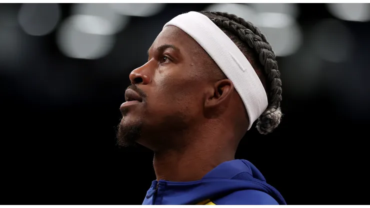 Jimmy Butler III #10 of the Golden State Warriors warms up before the game against the Brooklyn Nets at Barclays Center on March 06, 2025 in the Brooklyn borough of New York City.