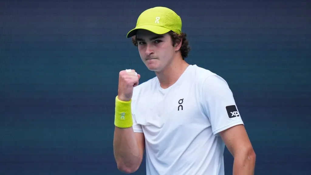 Joao Fonseca celebrates during the 2025 Miami Open (Rich Storry/Getty Images)