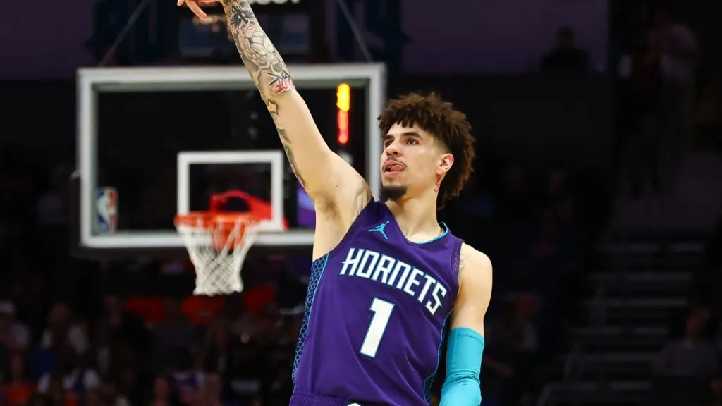  LaMelo Ball #1 of the Charlotte Hornets watches his shot during the first half of a basketball game against the New York Knicks 