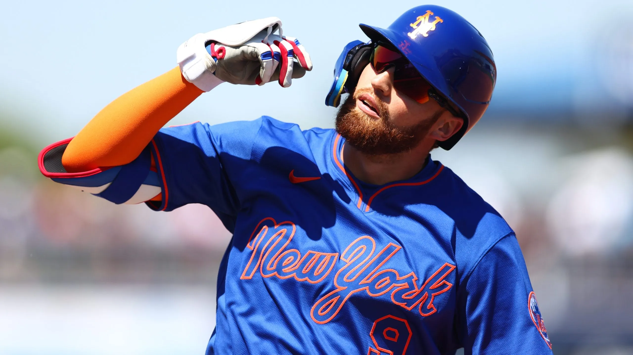 PORT ST. LUCIE, FLORIDA – MARCH 13: Brandon Nimmo #9 of the New York Mets reacts after hitting a single against the Boston Red Sox in the first inning during a spring training game at Clover Park on March 13, 2025 in Port St. Lucie, Florida. (Photo by Megan Briggs/Getty Images)