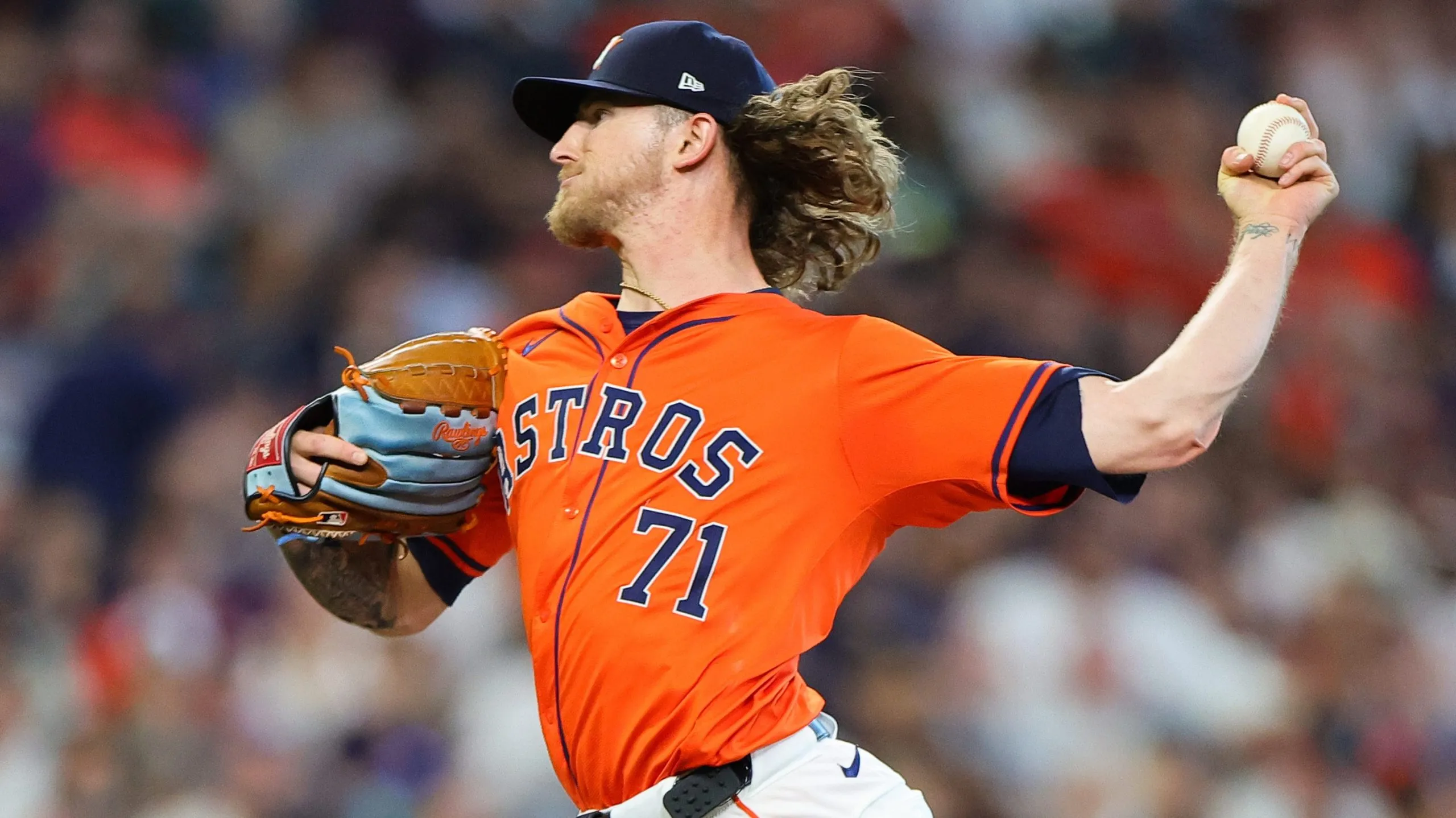 HOUSTON, TEXAS – OCTOBER 02: Josh Hader #71 of the Houston Astros delivers a pitch against the Detroit Tigers in the eighth inning during Game Two of the Wild Card Series at Minute Maid Park on October 02, 2024 in Houston, Texas.  (Photo by Alex Slitz/Getty Images)