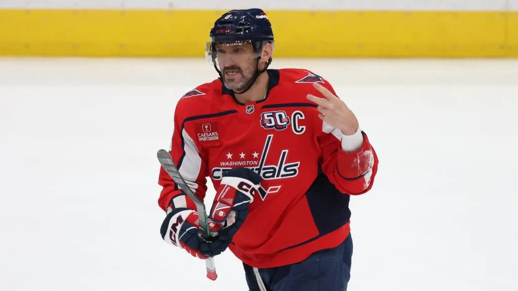 Alex Ovechkin #8 of the Washington Capitals holds up two fingers against the Florida Panthers at Capital One Arena on March 22, 2025 in Washington, DC. (Photo by Patrick Smith/Getty Images)