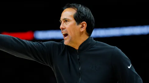 Head coach Erik Spoelstra of the Miami Heat reacts during the third quarter against the Atlanta Hawks at State Farm Arena on February 24, 2025 in Atlanta, Georgia.