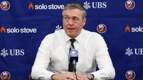 Head coach of the New York Islanders Patrick Roy speak with the media prior to the game against the Winnipeg Jets at UBS Arena on March 04, 2025 in Elmont, New York.