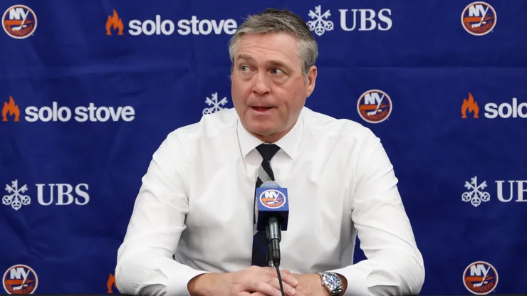 Head coach of the New York Islanders Patrick Roy speak with the media prior to the game against the Winnipeg Jets at UBS Arena on March 04, 2025 in Elmont, New York.