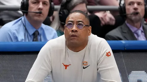 Head Coach Rodney Terry of the Texas Longhorns reacts on the sideline during the second half in the First Four game of the NCAA Men's Basketball Tournament against the Xavier Musketeers at University of Dayton Arena on March 19, 2025 in Dayton, Ohio.