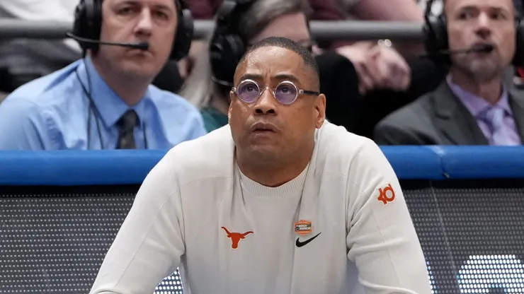 Head Coach Rodney Terry of the Texas Longhorns reacts on the sideline during the second half in the First Four game of the NCAA Men's Basketball Tournament against the Xavier Musketeers at University of Dayton Arena on March 19, 2025 in Dayton, Ohio.