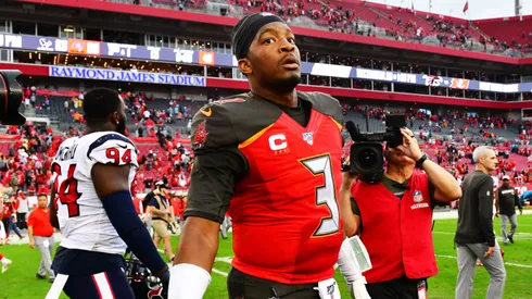 Jameis Winston #3 of the Tampa Bay Buccaneers walks out on the field after a 23-20 loss to the Houston Texans at Raymond James Stadium on December 21, 2019 in Tampa, Florida.