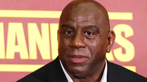 Earvin 'Magic' Johnson, a new owner of the Washington Commanders, looks on during a press conference introducing the team's new ownership at FedExField on July 21, 2023 in Landover, Maryland. NFL teams owners have unanimously approved a $6.05 billion sale of the Commanders from Dan Snyder to a group led by Josh Harris.