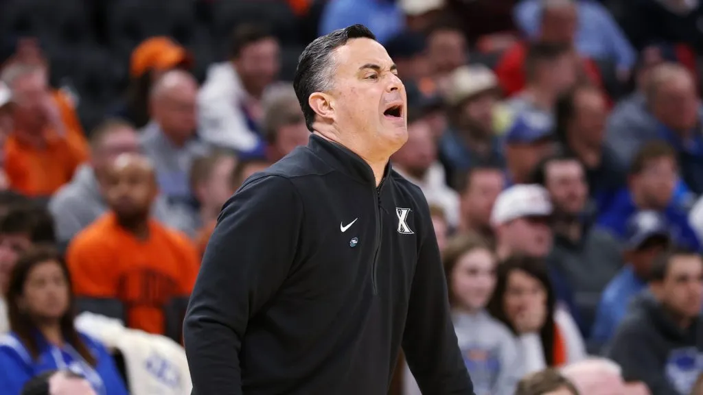 Head coach Sean Miller of the Xavier Musketeers calls out instructions in the first half against the Illinois Fighting Illini in the first round of the NCAA Men’s Basketball Tournament at Fiserv Forum on March 21, 2025 in Milwaukee, Wisconsin.